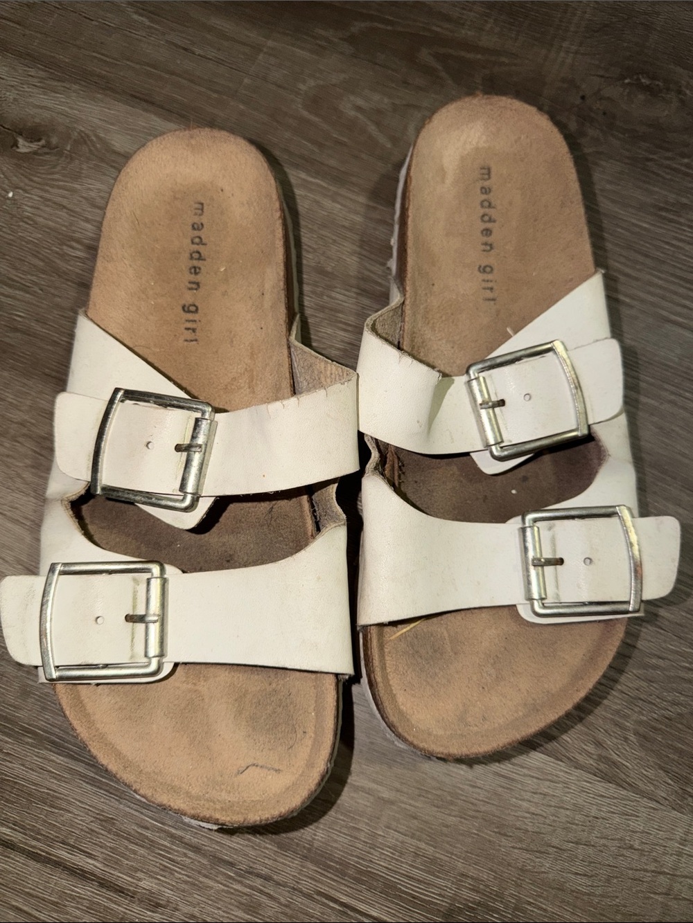 Madden Girl White Double-Buckle Slide Sandals with Silver Buckles